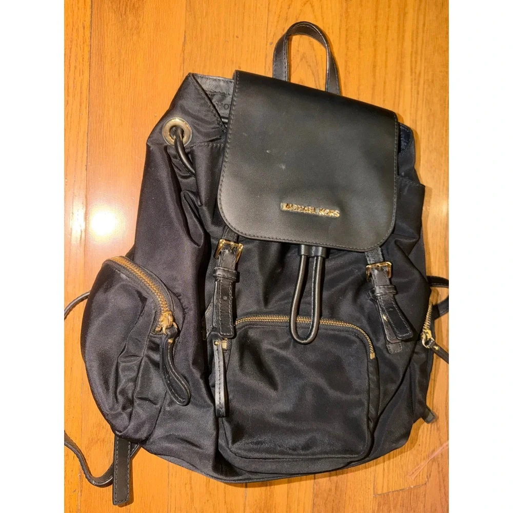 Michael Kors Abbey Medium Cargo Backpack Black Nylon Leather Gold Hardware